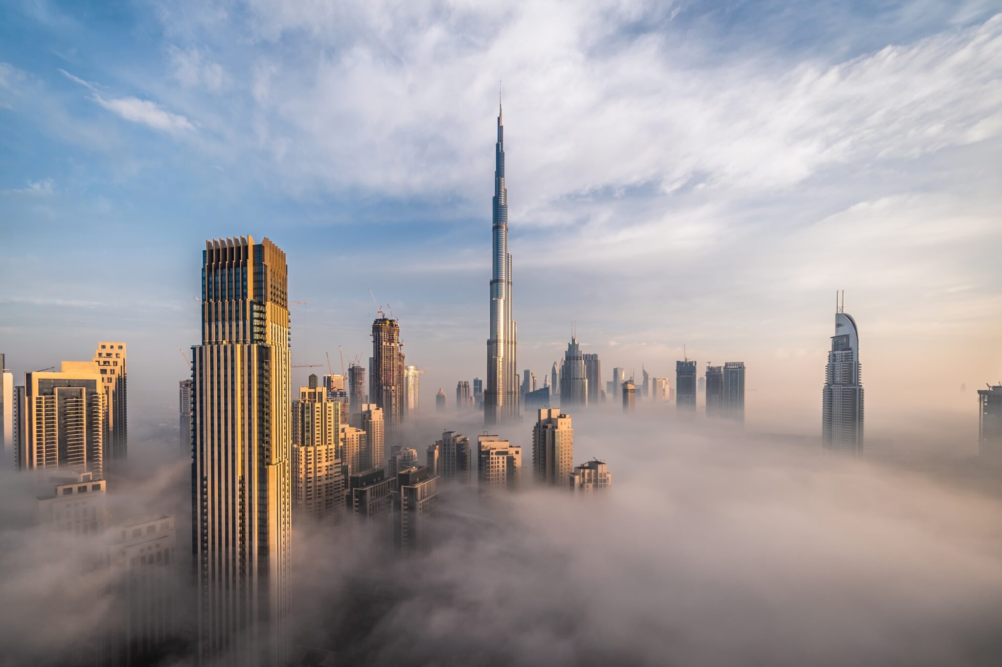 Downtown,Dubai,With,Skyscrapers,Submerged,In,Think,Fog.,Picture,Taken